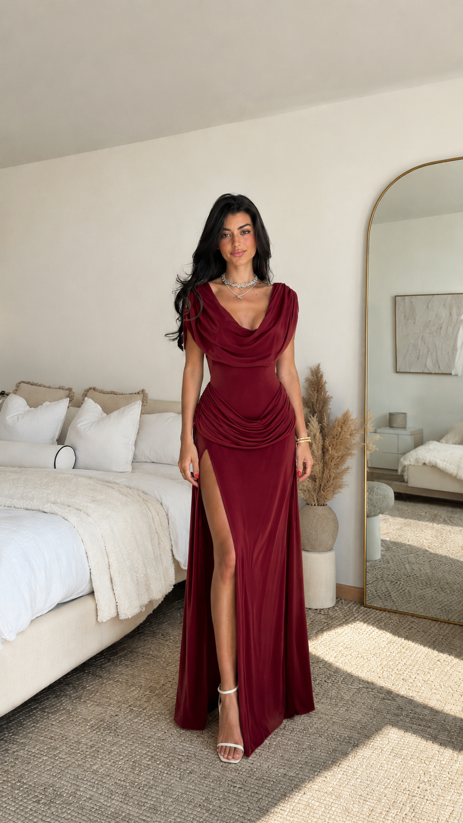 Front view of burgundy cowl neck maxi dress with ruched waist