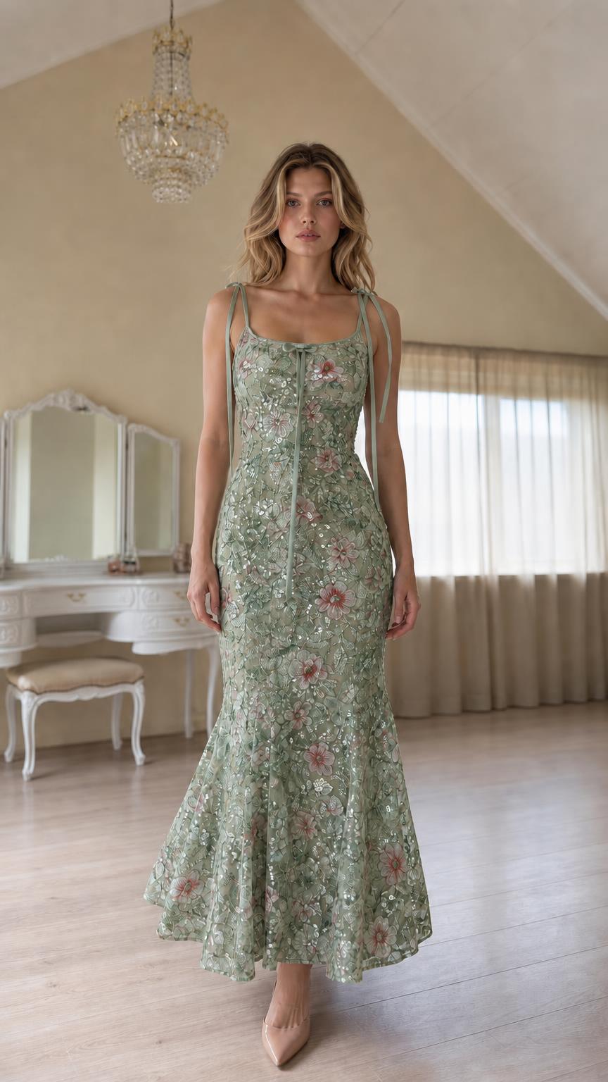 Front view of sage floral sequin mermaid maxi dress variant
