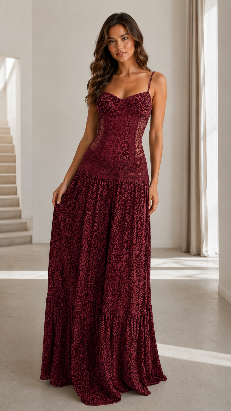 Front view of burgundy lace-look maxi dress with corset-inspired bodice