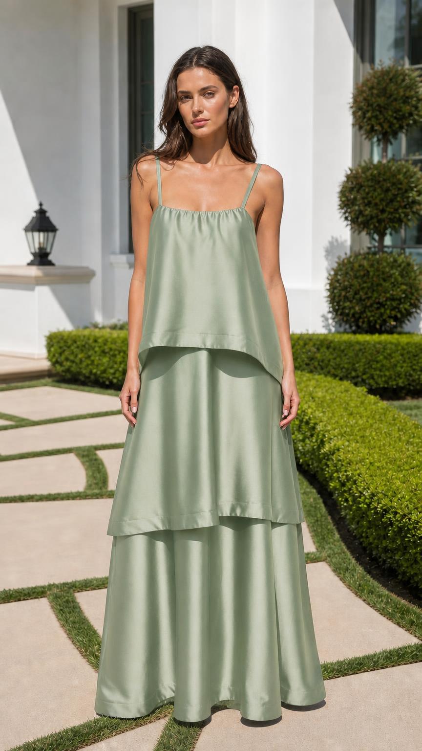 Front view of model wearing sage green tiered maxi dress