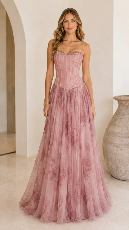 Dusty rose strapless corset floral maxi gown front view