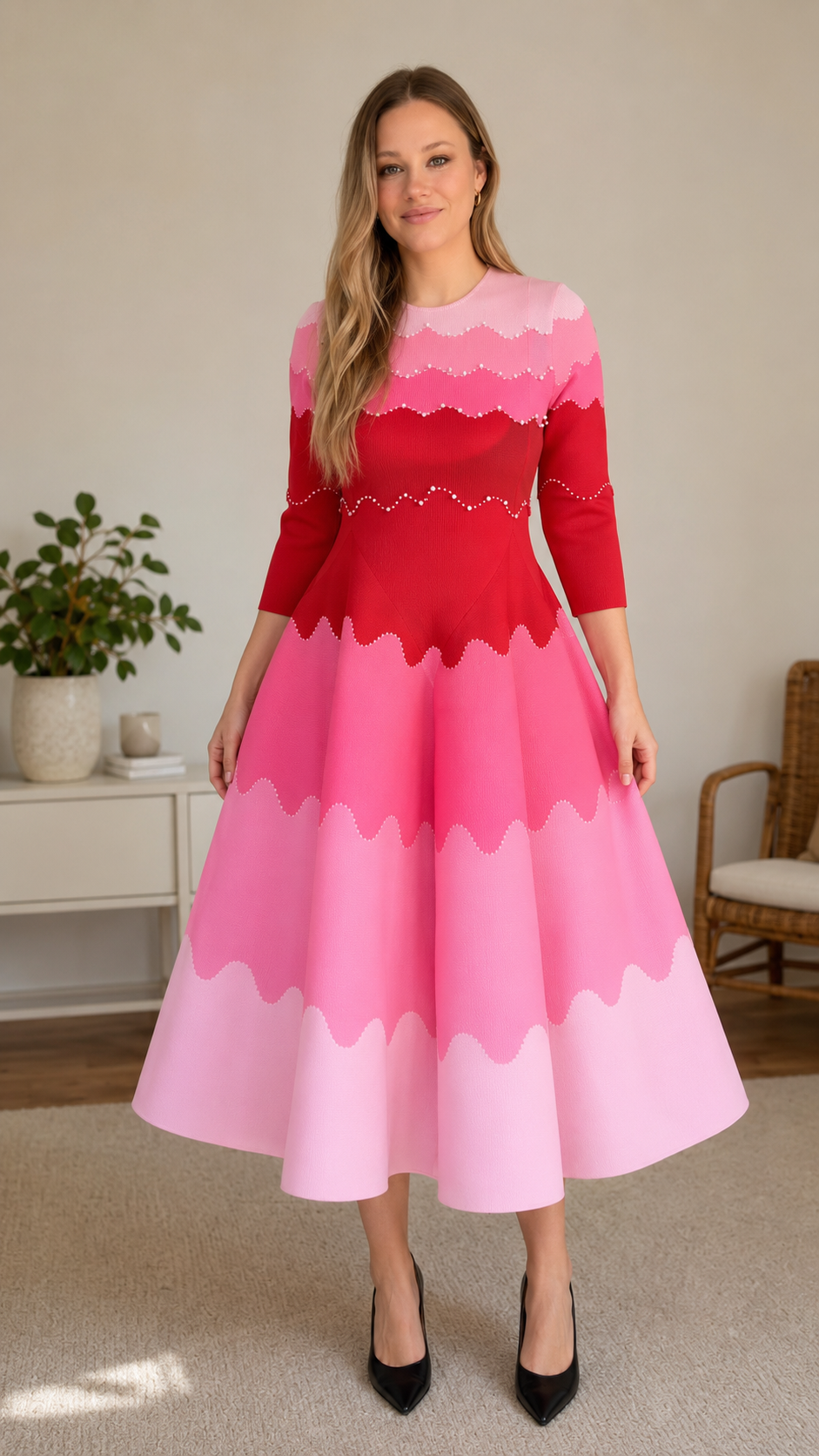 Front view of pink scalloped colorblock midi dress with fitted waist