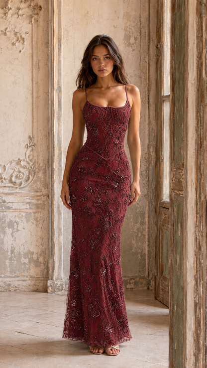 Front view of burgundy embroidered lace mermaid maxi dress