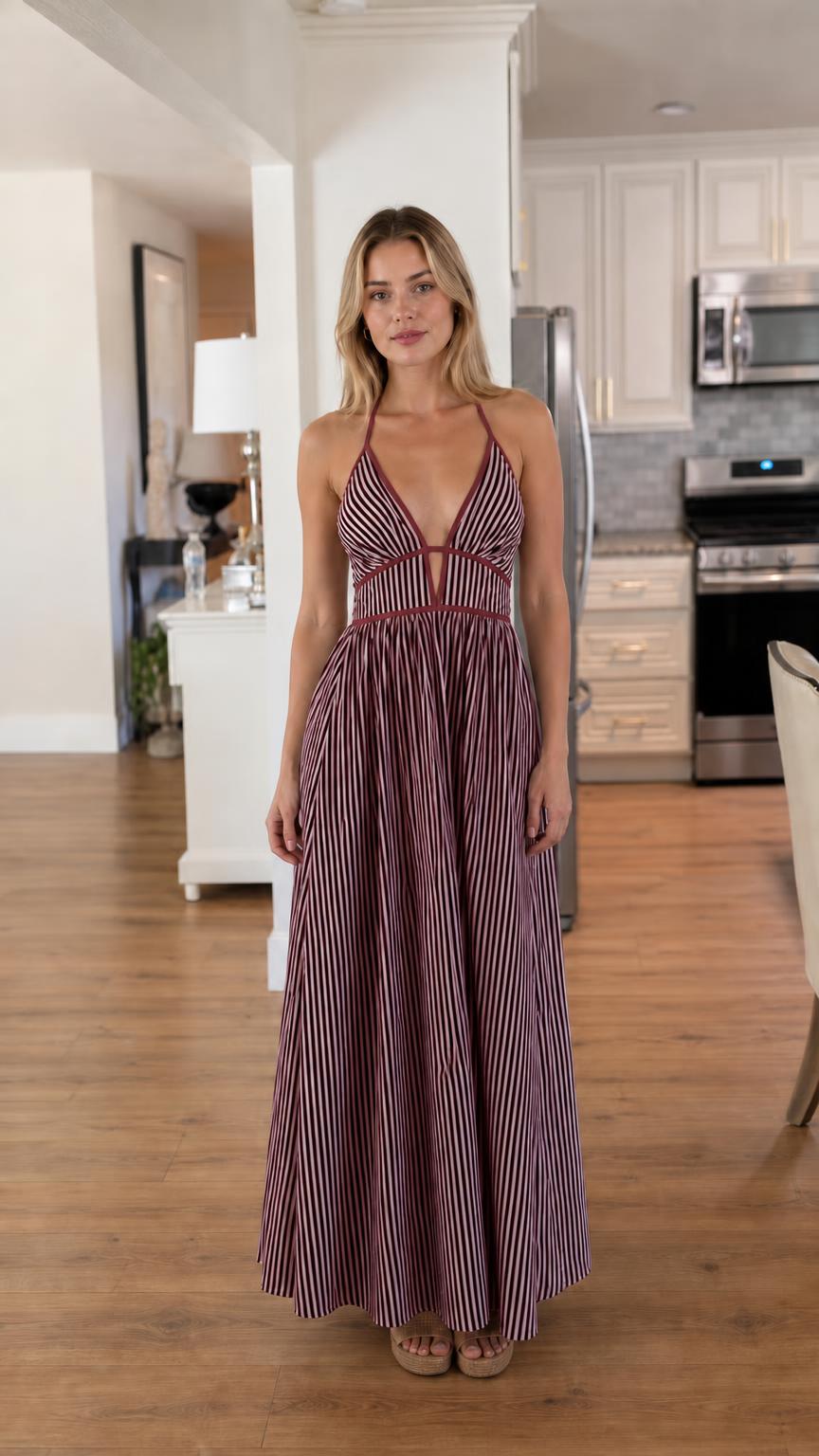 Front view of burgundy and white striped maxi dress