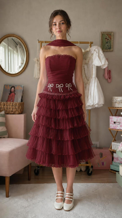 Front view of burgundy strapless tiered ruffle midi dress with burgundy neck scarf
