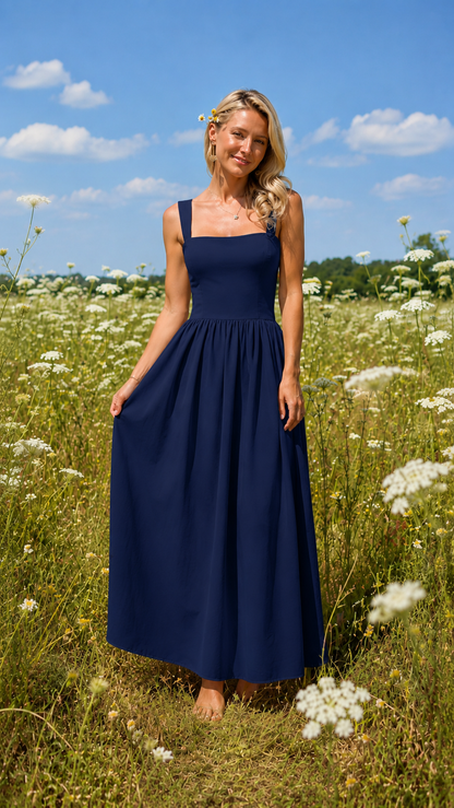 Navy square neck sleeveless maxi dress front view