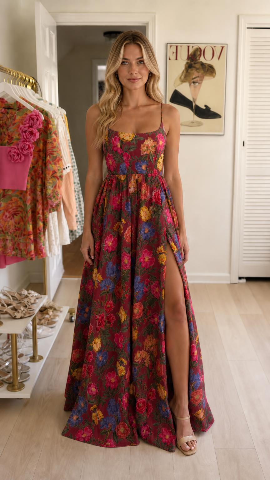 Woman wearing burgundy floral maxi dress