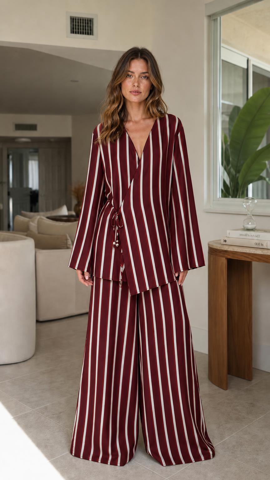 Model wearing burgundy striped two-piece set