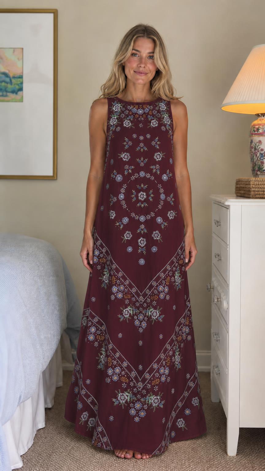 Front view of burgundy floral embroidered maxi dress