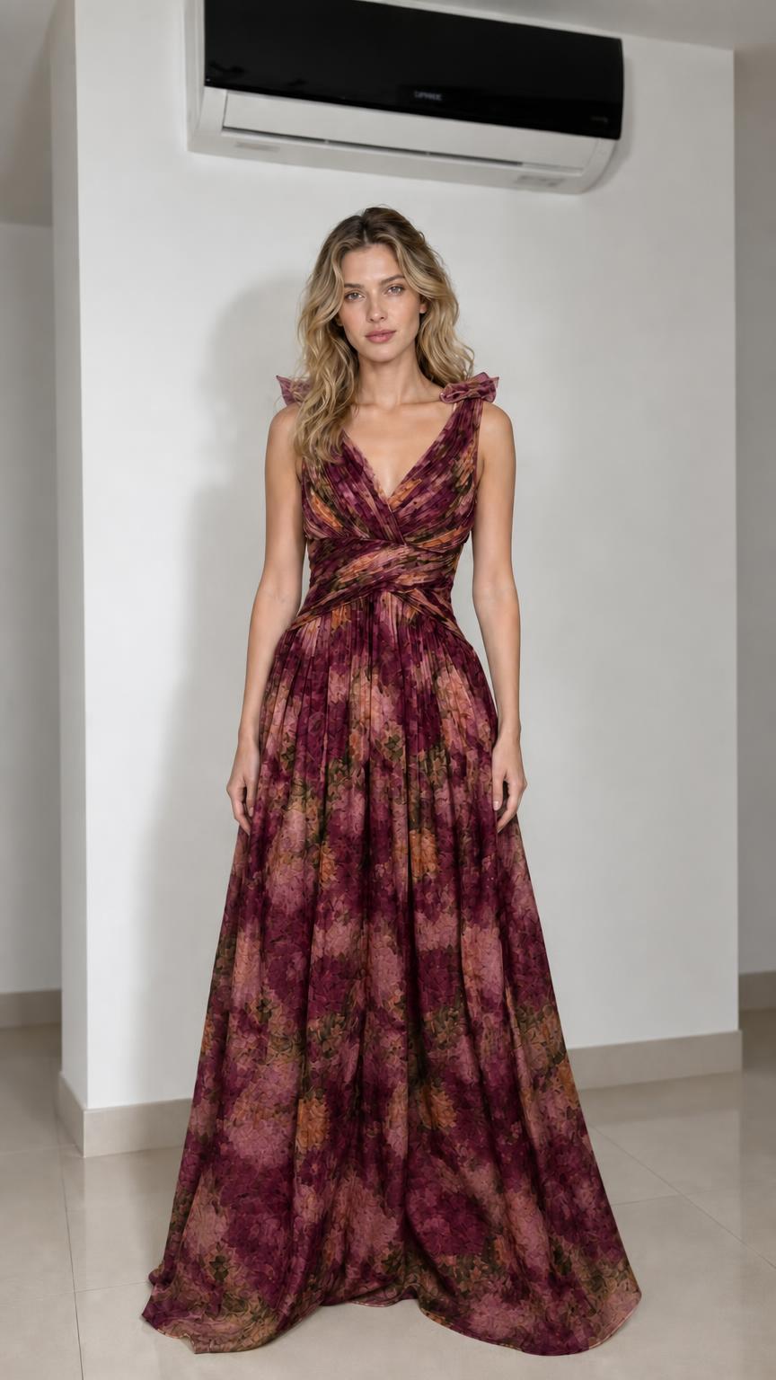 Model wearing burgundy floral print formal dress