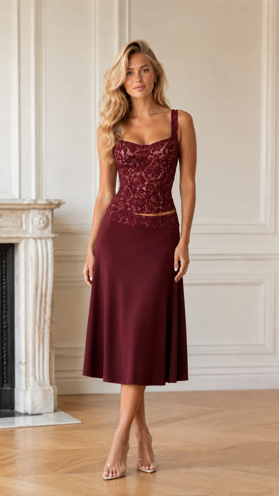 Front view of burgundy lace bodice midi dress with elegant drape