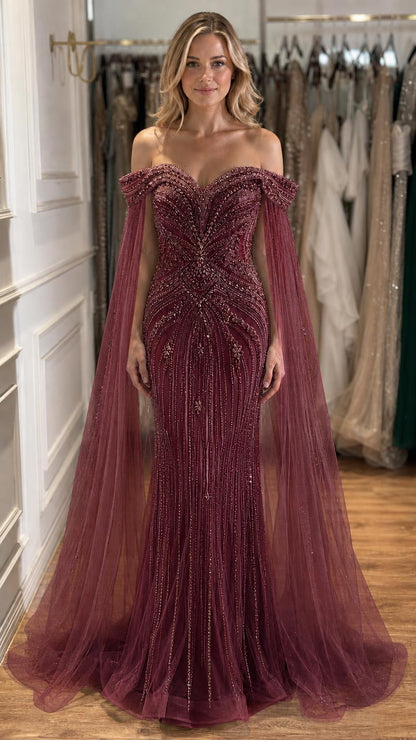 Burgundy beaded mermaid evening gown with cape