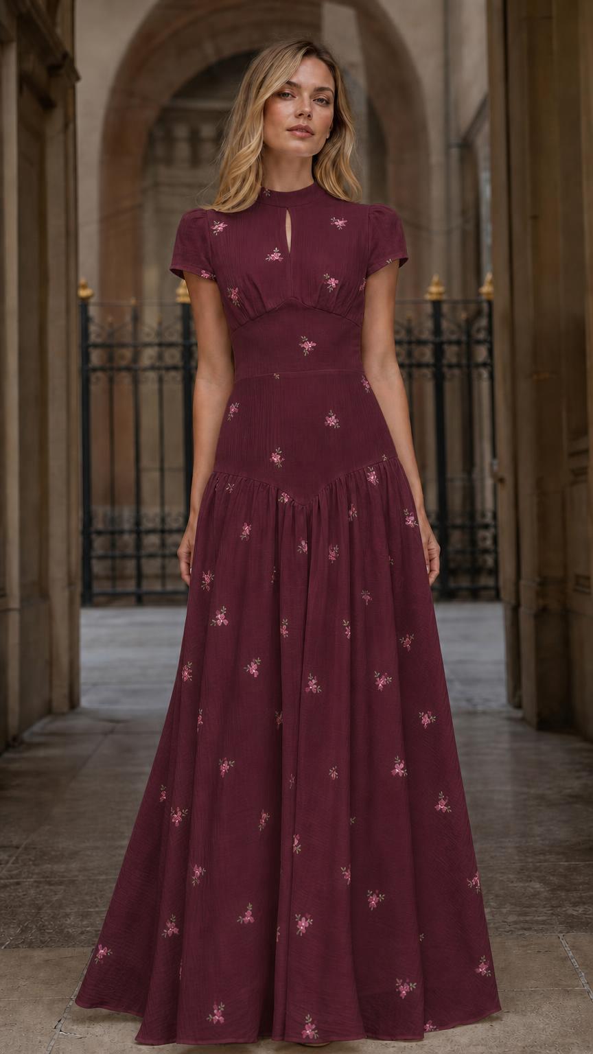Front view of Burgundy floral embroidered maxi dress