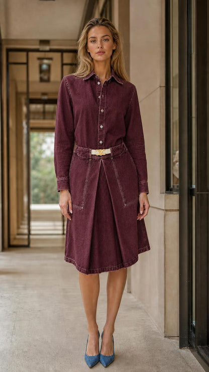 Front view of burgundy denim shirt dress on model