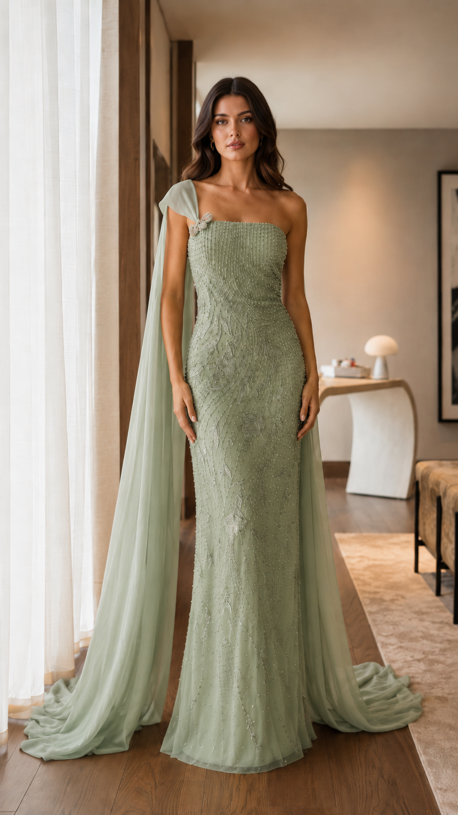Front view of sage green one-shoulder evening gown with draped cape