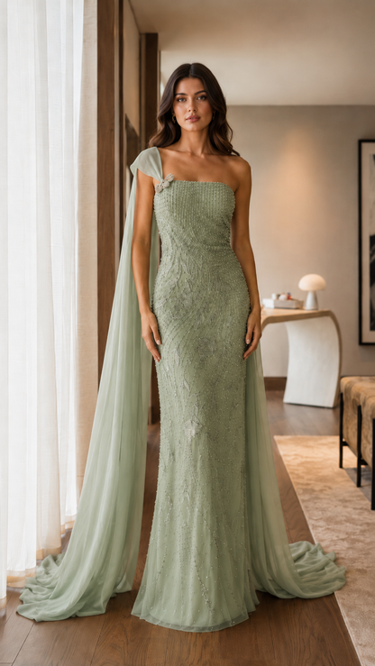 Front view of sage green one-shoulder evening gown with draped cape