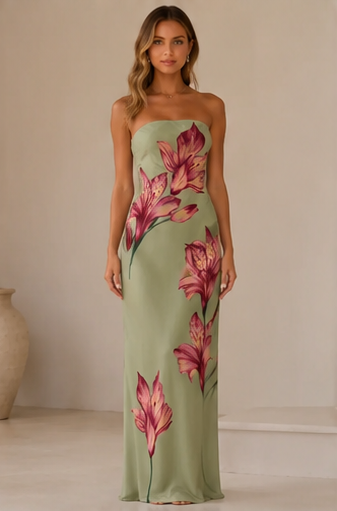 Sage green strapless floral print maxi dress front view