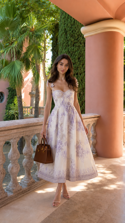 Front view of lavender floral midi dress with sweetheart neckline and midi length