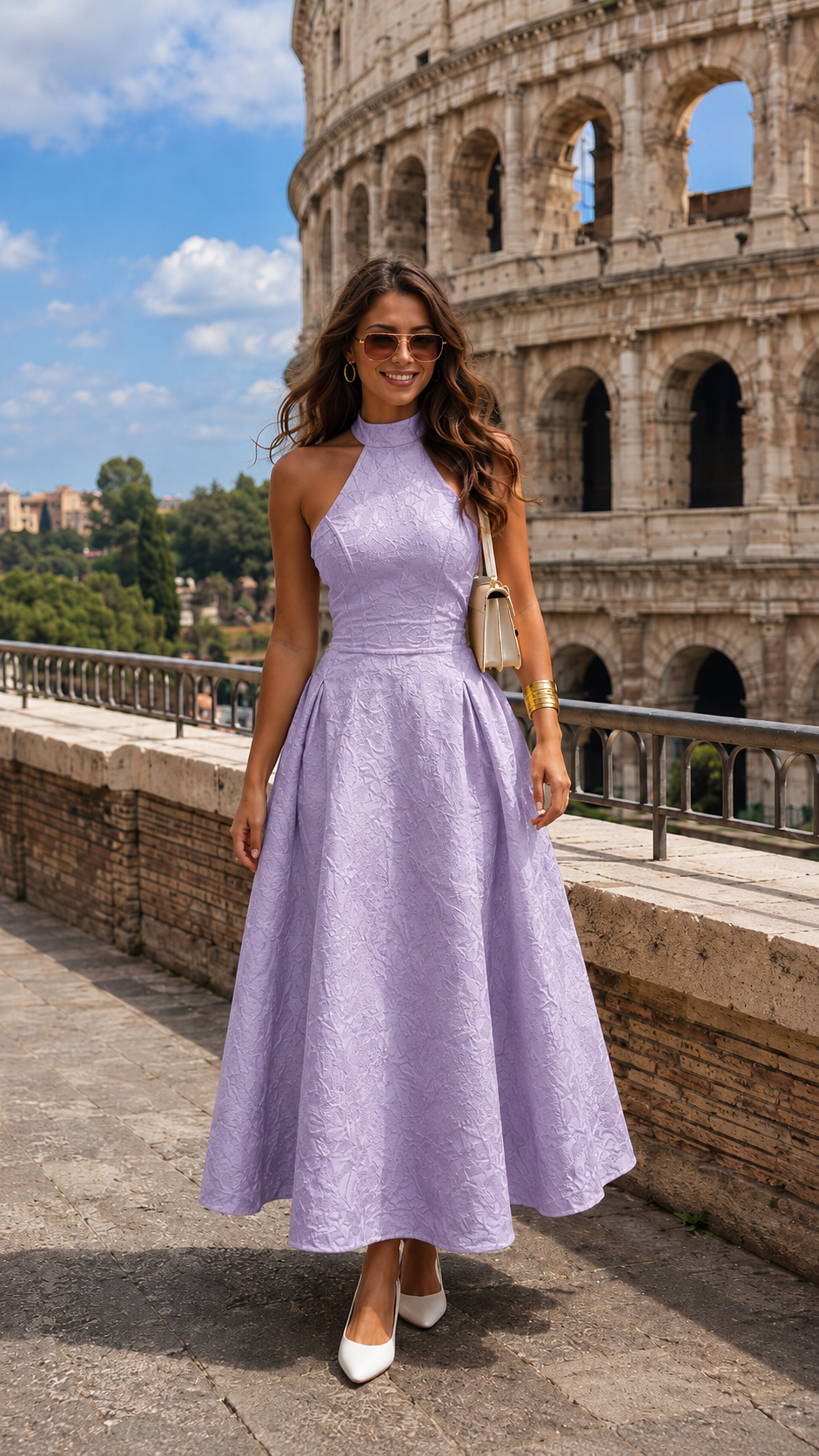 Front view of lavender halter neck jacquard midi dress