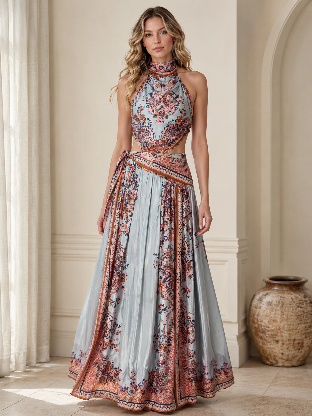 Front view of sky blue printed halter maxi dress with full pleated skirt