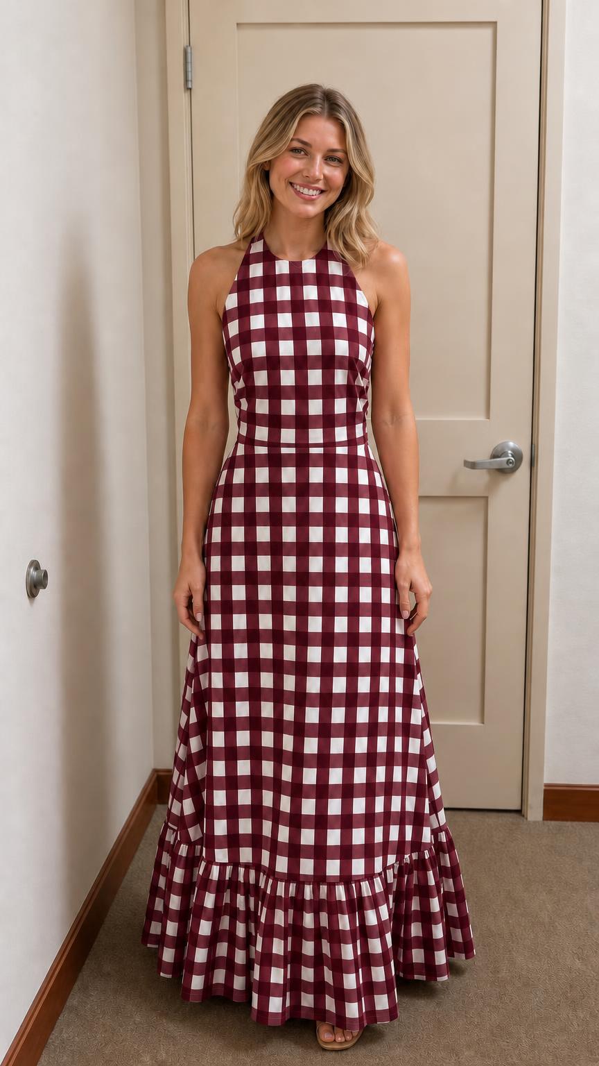 Front view of woman wearing burgundy and white gingham maxi dress