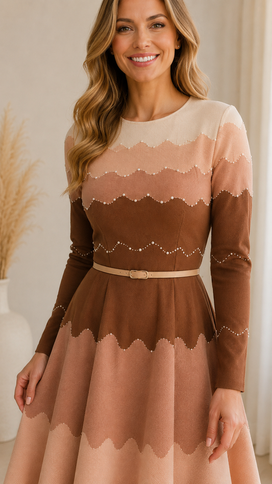 Close-up of mocha scalloped colorblock bodice and waist belt detail