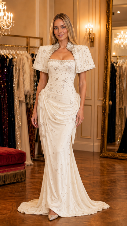 Ivory celestial embellished mermaid evening gown with cape sleeves front view