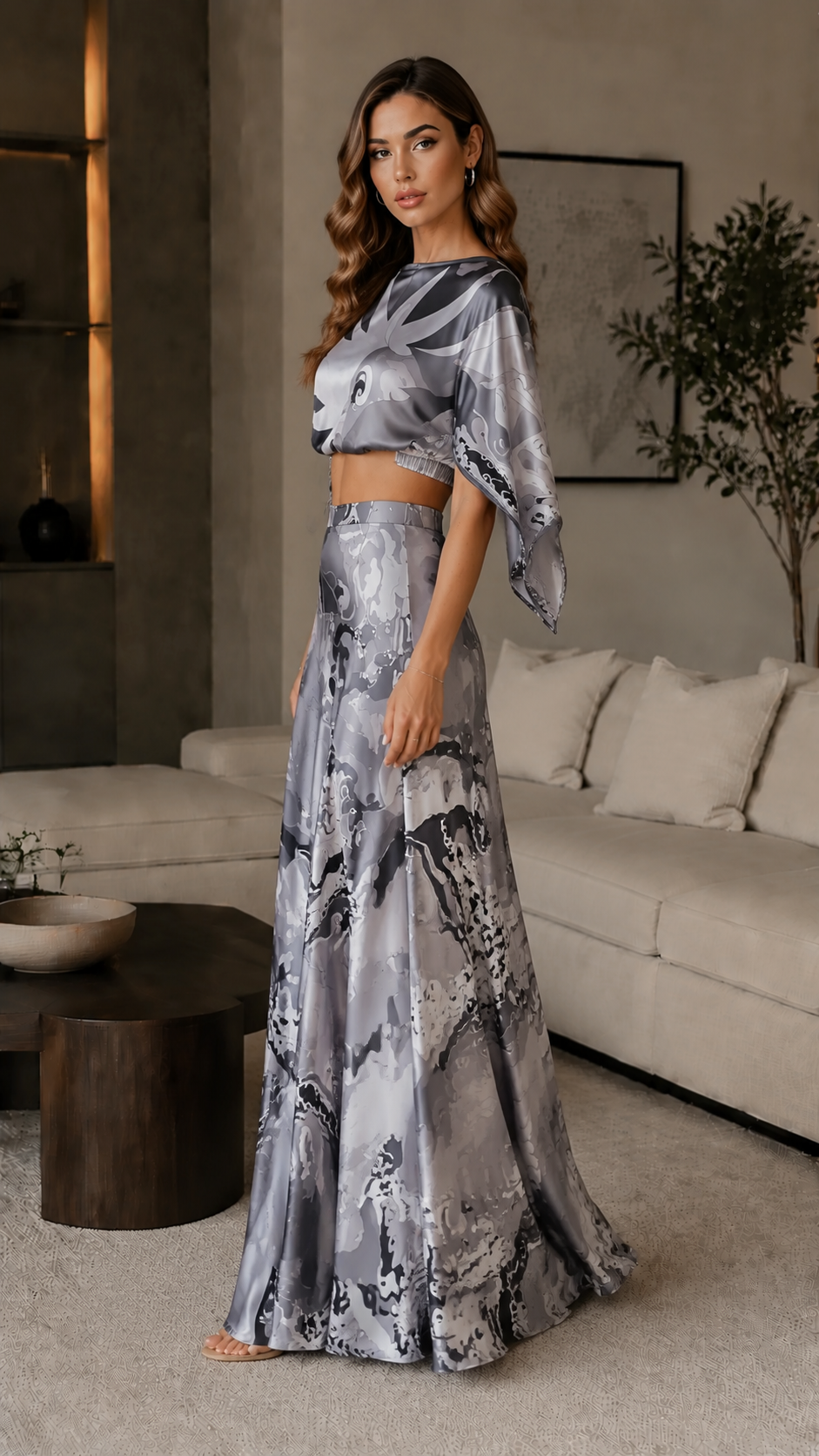Side view of silver gray abstract print two-piece maxi skirt set