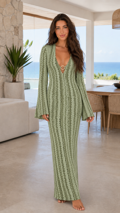 Front view of sage green textured fitted maxi dress