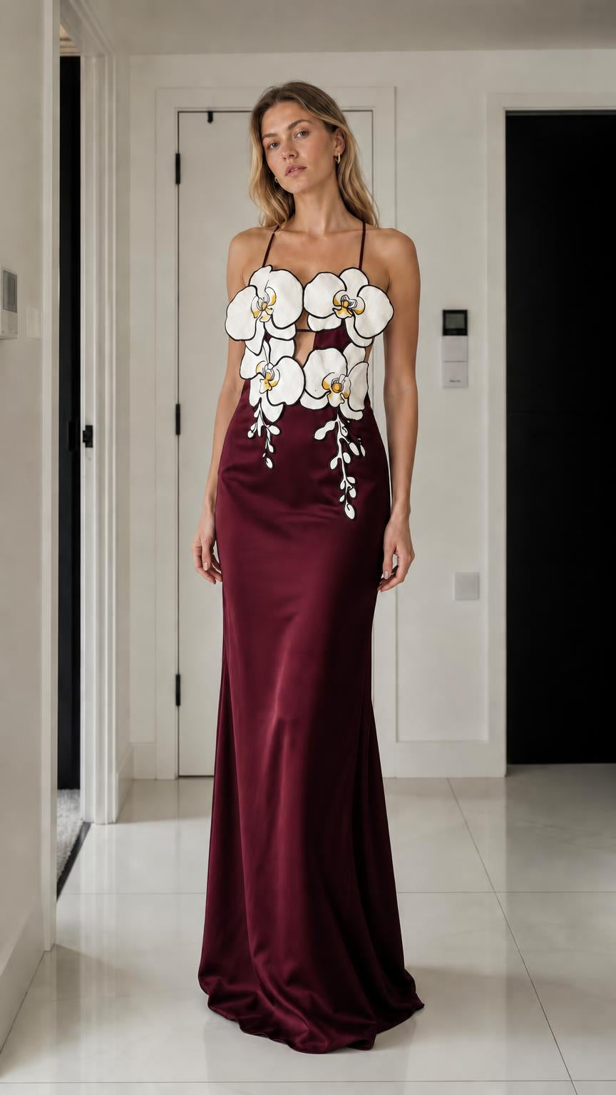 Elegance 3D Floral Applique Satin Maxi Dress in burgundy variant