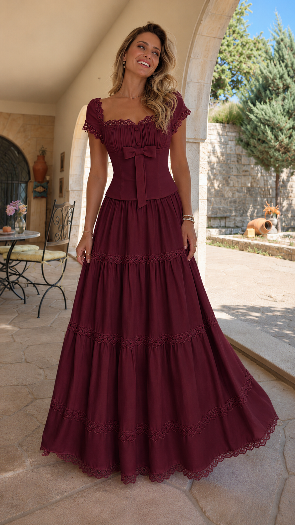 Front view of burgundy lace trim bow front tiered maxi dress