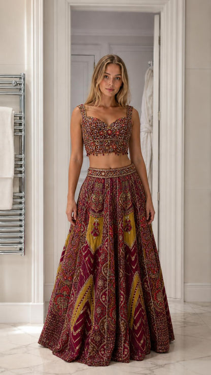 Woman wearing burgundy embroidered crop top and lehenga skirt set