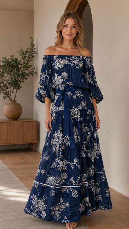 Navy off-shoulder floral maxi dress with tie waist and puff sleeves