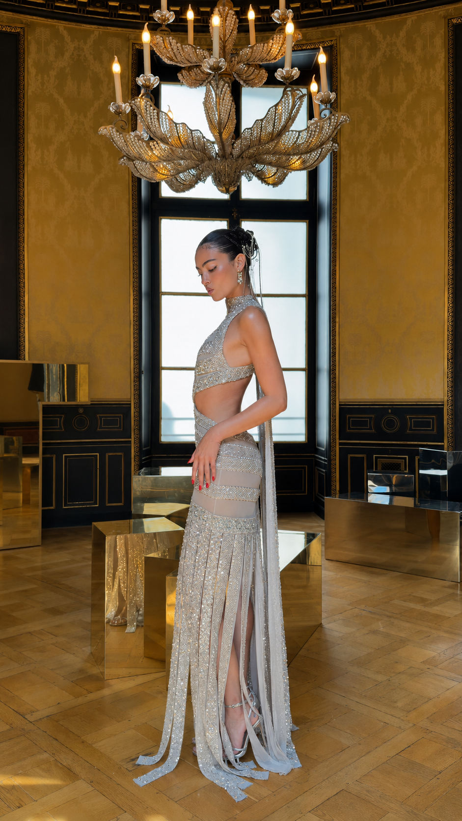 Side view of champagne sequin halter cutout mermaid evening gown