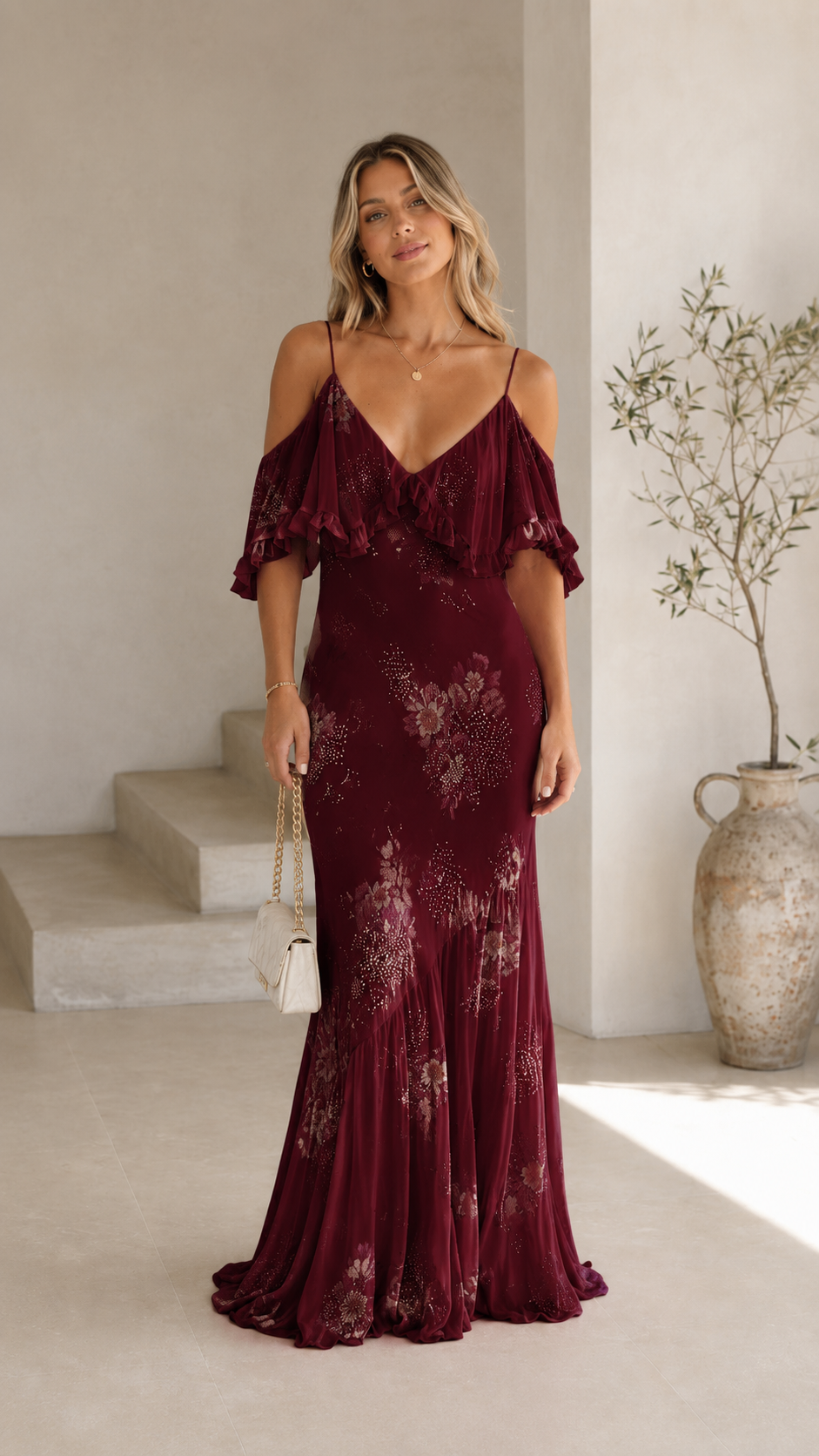 Burgundy floral ruffle cold shoulder maxi dress front view
