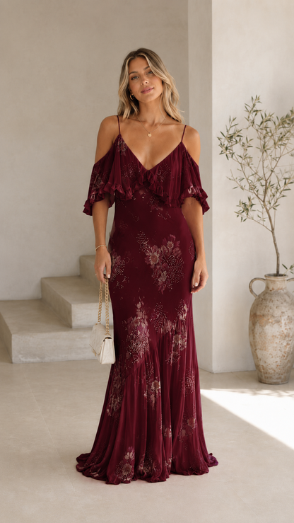 Burgundy floral ruffle cold shoulder maxi dress front view