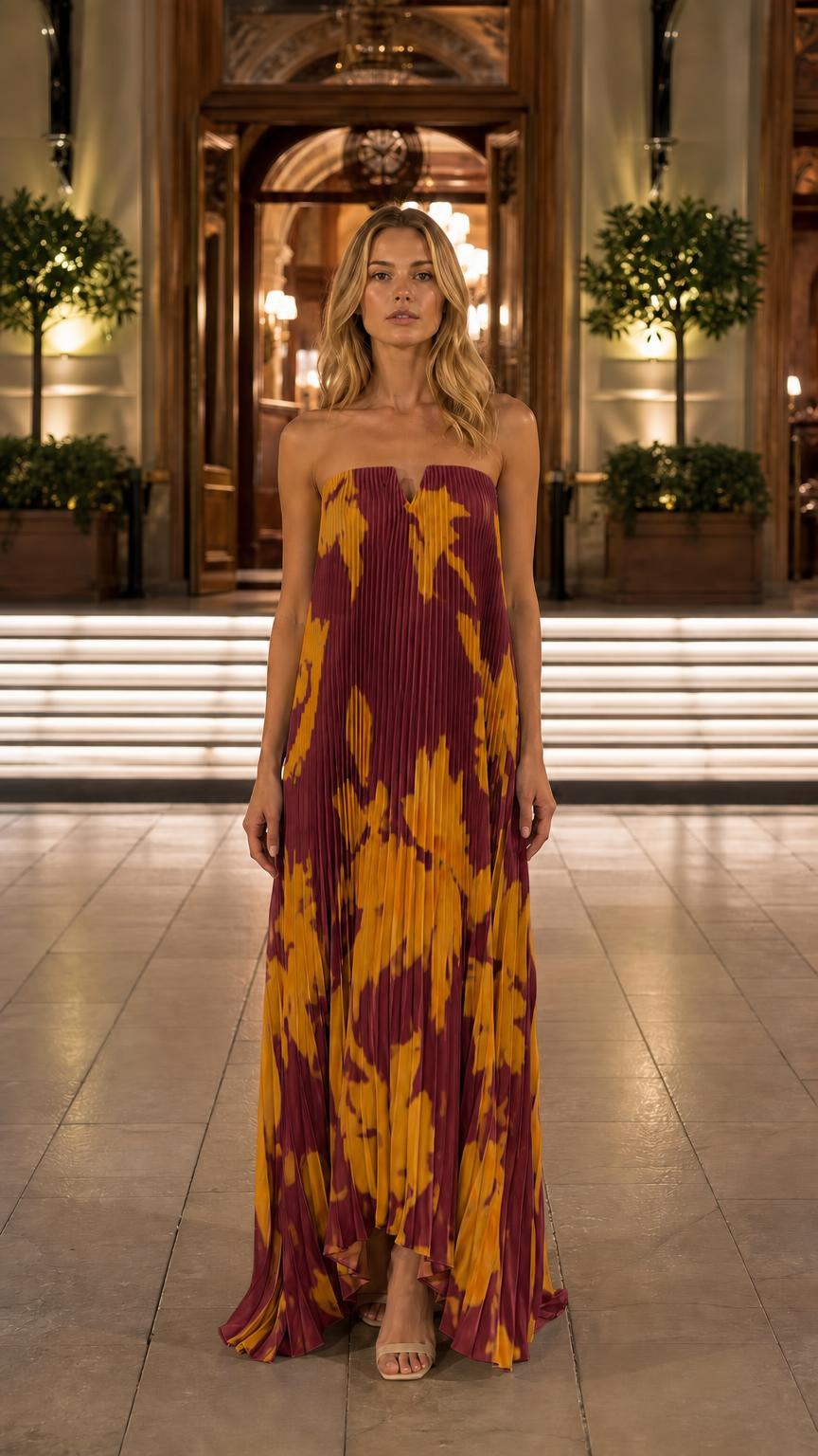 Front view of burgundy floral pleated strapless maxi dress