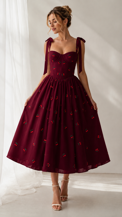 Front view of burgundy cherry print tie-strap sweetheart midi dress
