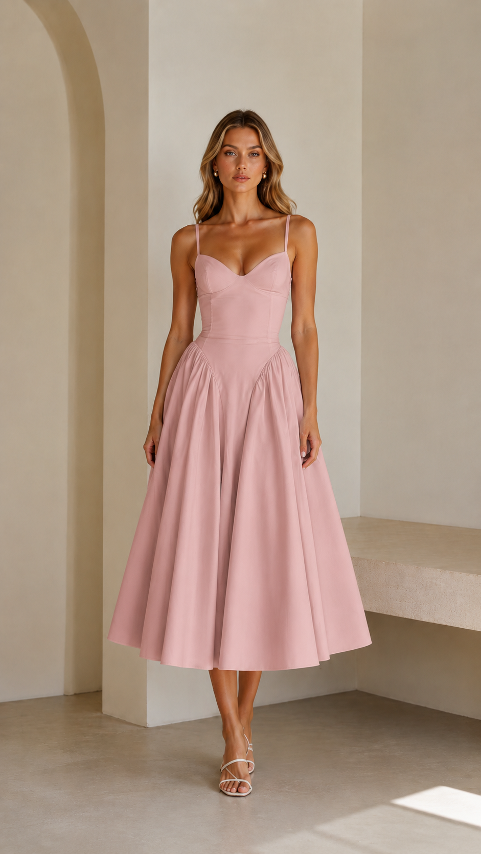 Front view of blush pink sweetheart neck spaghetti strap midi dress