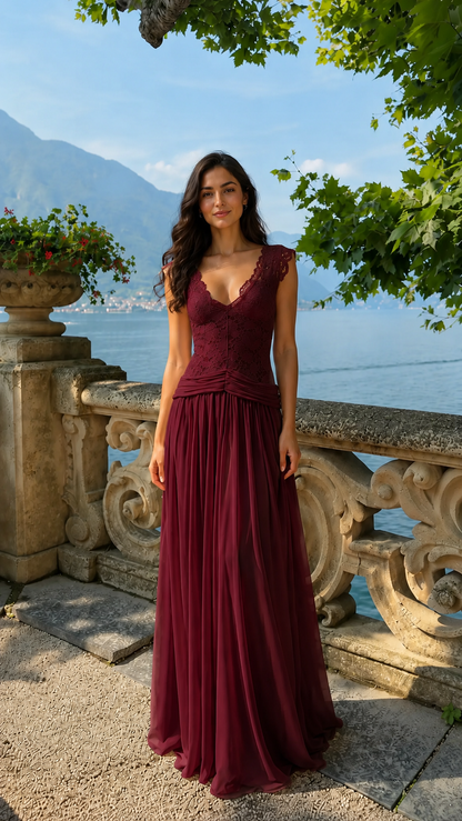 Front view of burgundy lace bodice pleated maxi dress
