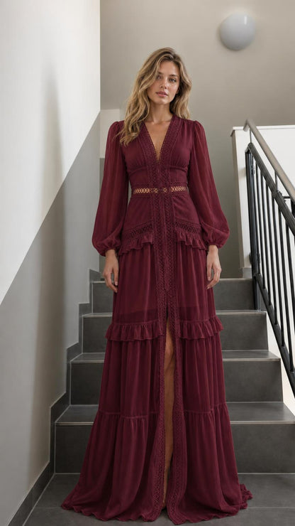 Front view of Burgundy V-Neck Long Sleeve Ruffle Tiered Maxi Dress