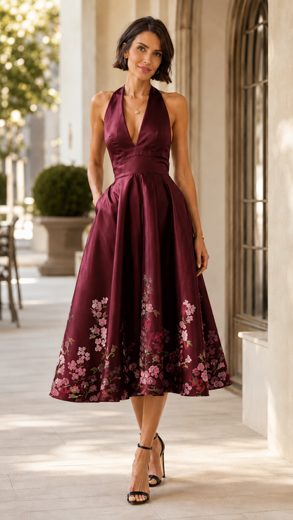Front view of burgundy halter midi dress with floral hem print