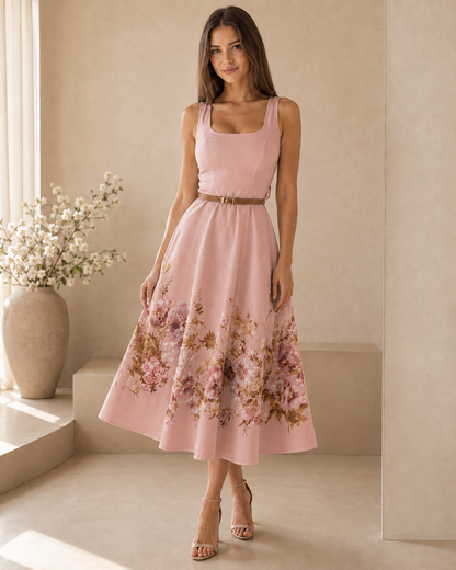 Model wearing a blush pink sleeveless floral midi dress with belted waist