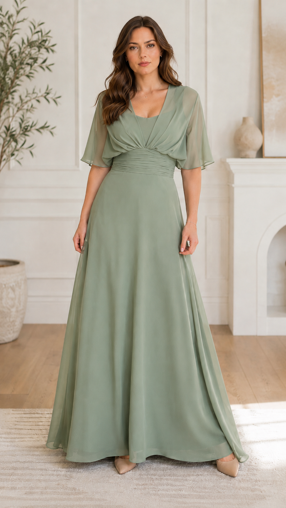 Front view of sage green draped bodice maxi dress