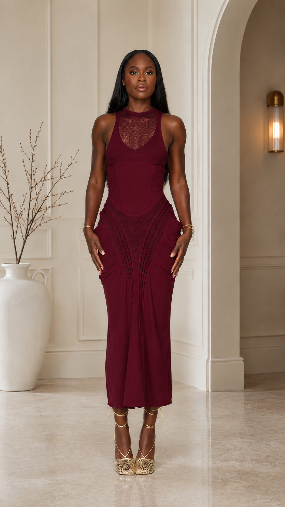 Burgundy bodycon midi dress with mesh yoke and sculpted seam detail front view