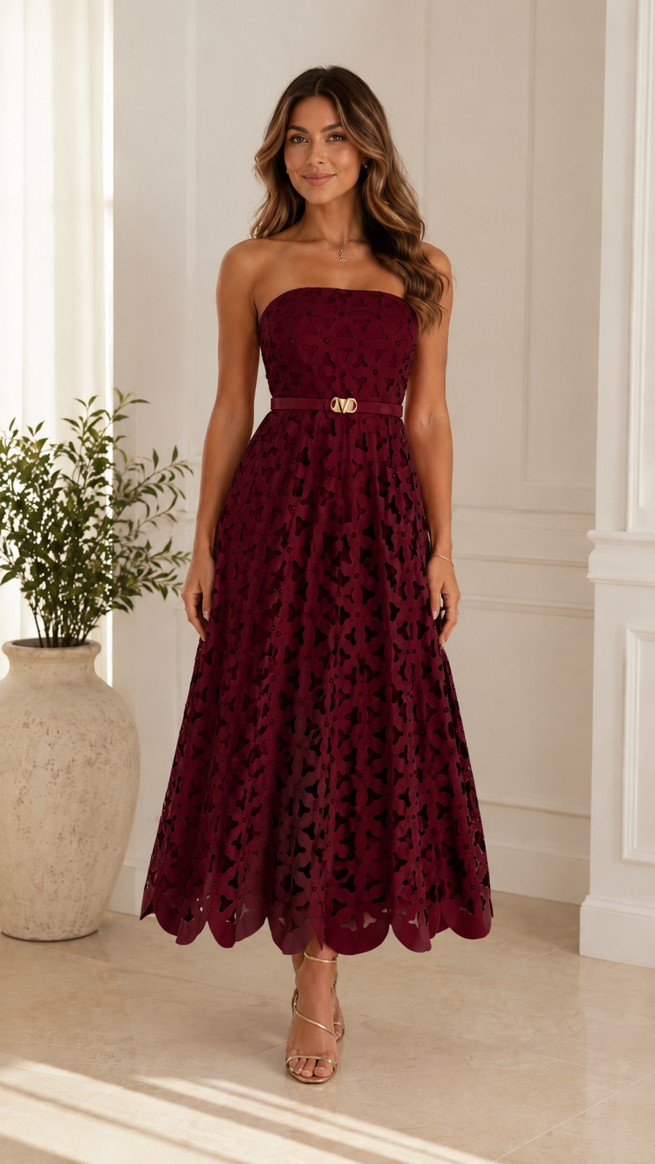 Front view of burgundy strapless cutout lace midi dress