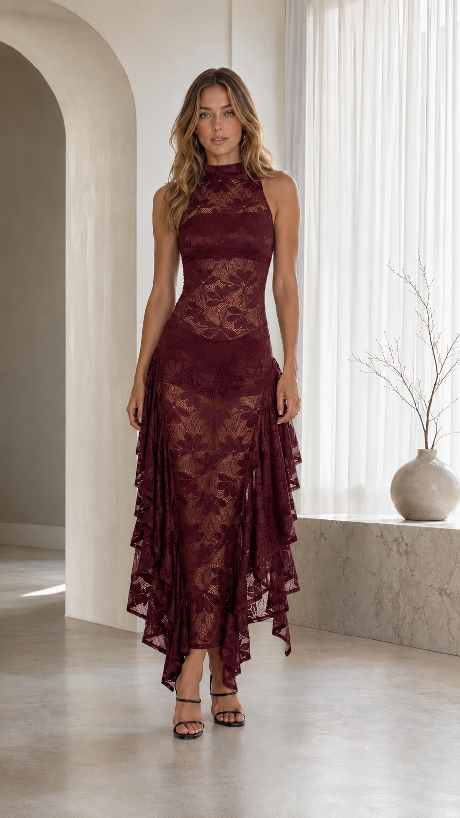 Front view of burgundy floral lace mock neck midi dress