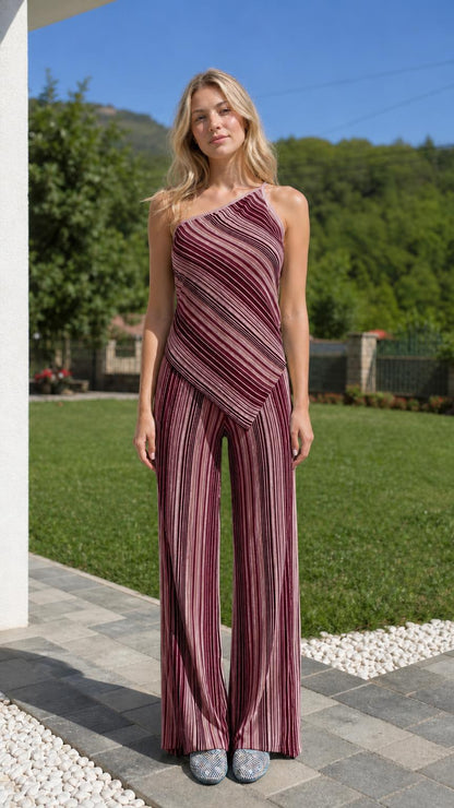 Front view of model wearing burgundy striped two-piece set