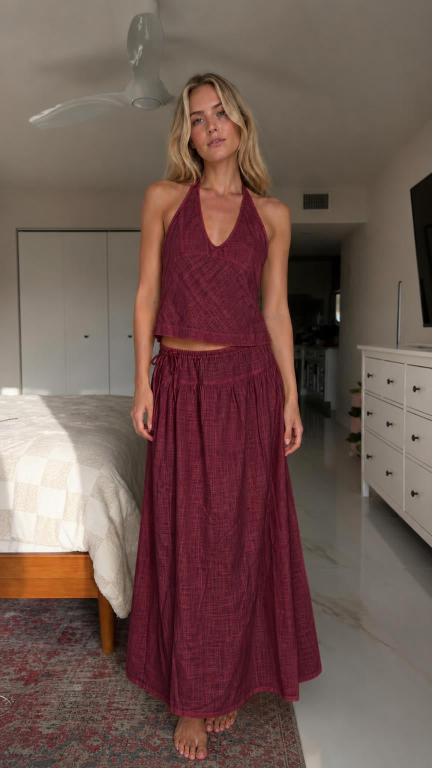 Front view of burgundy two-piece set