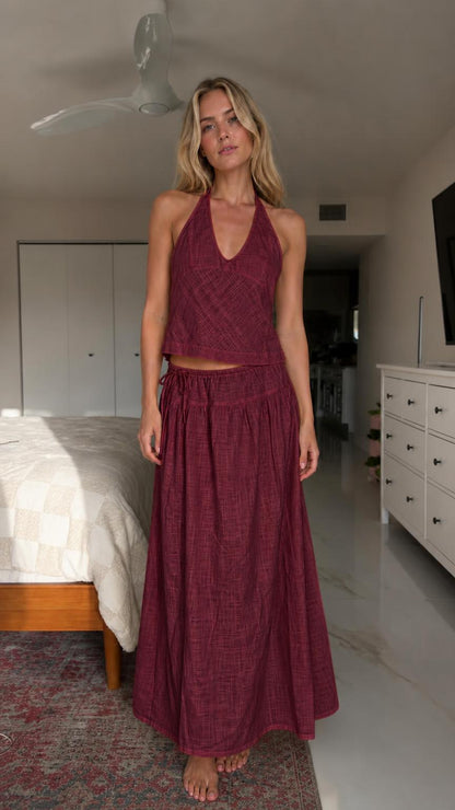 Front view of burgundy two-piece set